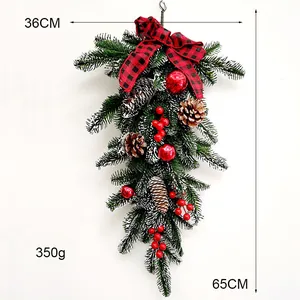 Detailed size guide for Christmas door swag with pine cones and buffalo plaid bow