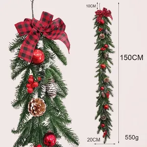 Christmas teardrop garland decoration with red buffalo plaid bow and red berries