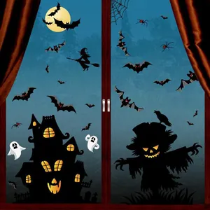Halloween window stickers set with ghosts bats haunted castle and scarecrow patterns