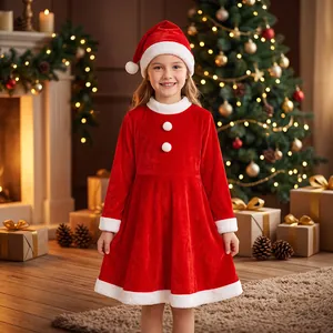 Mädchen Hochwertiges Weihnachtsmann Kostüm Set Plüsch Samt Weihnachtskleid Mit Hut Rot Weiß Performance Party Outfit Für Kinder
