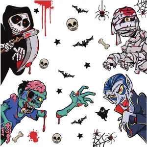 Halloween static window clings featuring cartoon zombies ghosts and creepy spider decor