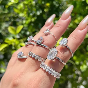 Close-up detail of S925 sterling silver rings with sparkling oval cut zirconia stones
