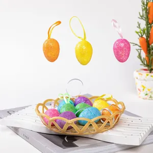 Vibrant glittery foam Easter eggs in a decorative basket with hanging ribbons for home decor