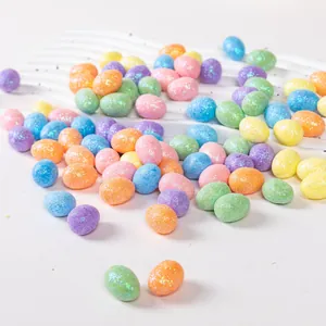 Macro view of colorful glitter Easter foam eggs in various pastel colors for decoration