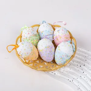 Set of six colorful foam Easter eggs in a woven basket for festive home decoration