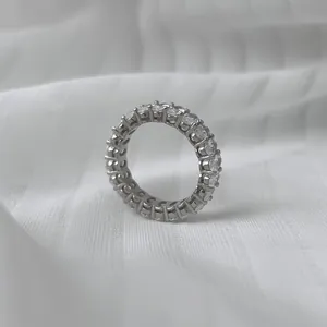 Detailed macro view of S925 sterling silver eternity ring set with brilliant zirconia stones