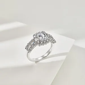 Close-up of a luxury S925 sterling silver ring with a radiant ice-cut cubic zirconia stone