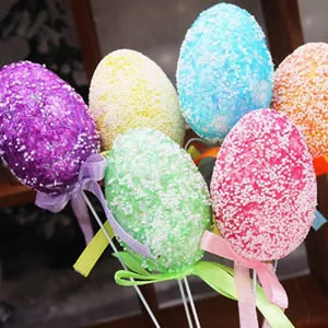 Detail view of six colorful textured foam Easter egg picks for festive holiday decor