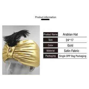 Detail view of golden Arabian turban hat with black feather and product specifications.
