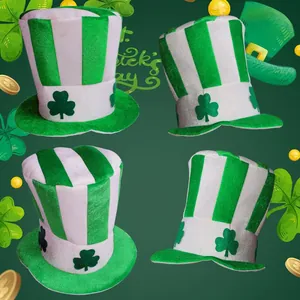 Sombrero de Copa Leprechaun del Día de San Patricio Sombrero de Tela a Rayas Verdes y Blancas Con Aplique de Trébol
