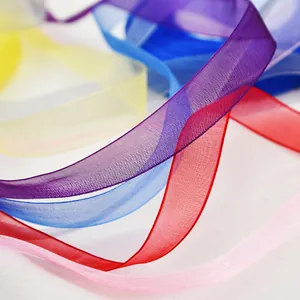 Macro detail of multi-colored transparent chiffon ribbons for gift wrapping and DIY crafts