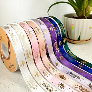 Happy Birthday Satin Ribbon Gold Bronzing Printed Decorative Polyester Ribbon For Gift Wrapping Party Decoration Cake Packaging
