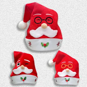 Red Christmas Santa Hat Soft Non-woven Fabric Santa Snowman Reindeer Embroidery Design With Plush Trim Xmas Party Costume Supplies