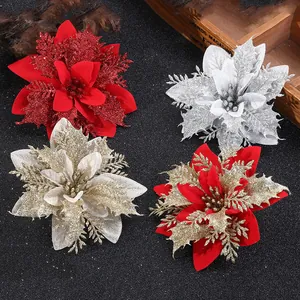 Glinsterende Kunstmatige Kerstbloemen Kerstster Glitter Plastic Bloemen Voor Kerstboom Krans Vakantie Decoratie Ornament