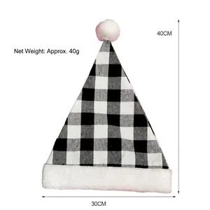 Detailed dimensions of black and white checkered Christmas hat with white plush trim