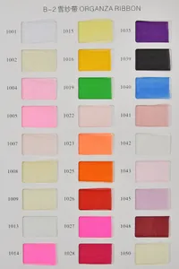 Color chart for sheer organza ribbons showing various shades with product ID numbers