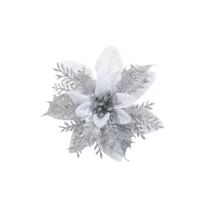 Prachtige zilveren kunstmatige kerstbloem met glitters voor de kerstboomversiering