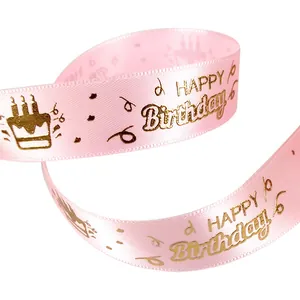 Pink satin ribbon with gold foil Happy Birthday print for gift wrapping
