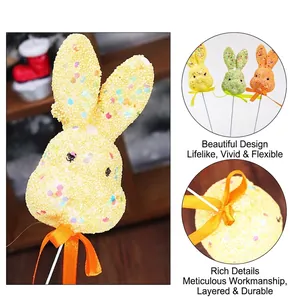 Colorful foam Easter bunny decoration picks with glitter and ribbon bow accents