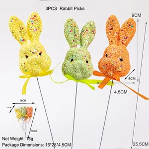 3PCS colorful glitter foam bunny picks for Easter party floral arrangement decoration