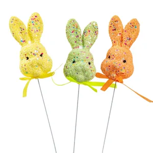 Set of three colorful glitter foam Easter bunny head decorative picks for spring display