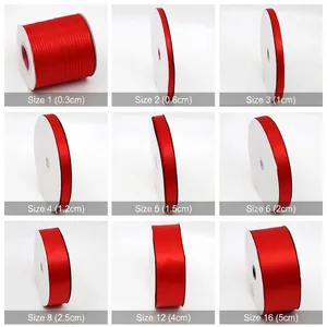 Red polyester satin ribbons shown in various widths from 0.3cm to 5cm for DIY gifts.