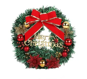 Handmade PVC Christmas wreath with red bow and gold Merry Christmas sign for door decor