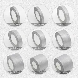 Premium silver glitter ribbon rolls shown in nine different widths from 0.6cm to 5cm
