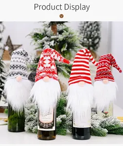 Detailed view of four different types of knitted Christmas gnome wine bottle covers