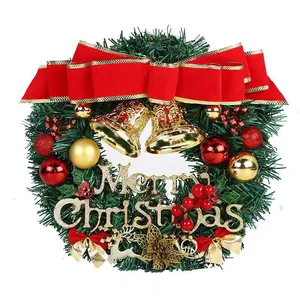Handmade Christmas Wreath With Red Bow Golden Bells Merry Christmas Sign PVC Artificial Pine Needle Wreath For Front Door Window Holiday Home Decoration