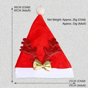 Detailed dimensions for the plush red velvet reindeer antler Santa hat for all ages