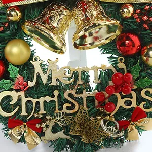 Handmade PVC Christmas door wreath with golden bells and Merry Christmas festive sign