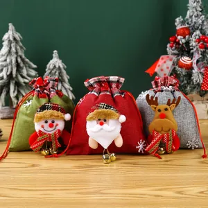 Kerst Jute Cadeauzakjes Met Bel Cartoon Kerstman Sneeuwpop Rendier Trekkoord Snoepzakjes Voor Kerstfeest Artikelen