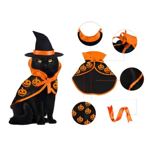 Dettagli del mantello e cappello da mago di Halloween per gatti con stampe di zucca