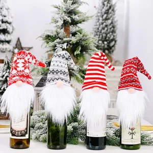 Set of 4 Christmas gnome wine bottle covers featuring knitted hats and white fur beards