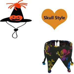 Set de Halloween para mascotas: sombrero de bruja y collar con calaveras de colores