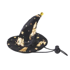 Detail of black Halloween pet wizard hat with gold star patterns and adjustable strap.