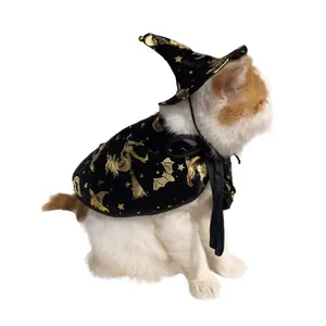 Close-up of Halloween cat wizard costume set with gold star and bat patterns on black