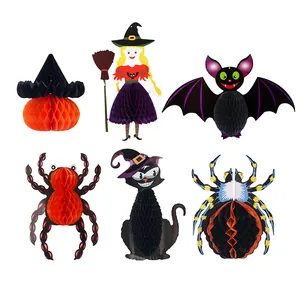 Lot de 6 décorations d'Halloween en nid d'abeille avec sorcière, araignée et chauve-souris