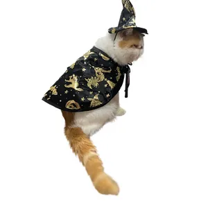 Close-up detail of cat Halloween wizard cape featuring gold foil bat and star patterns