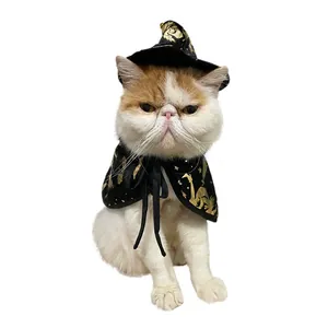 Halloween witch wizard costume set for cats featuring black gold foil cape and hat