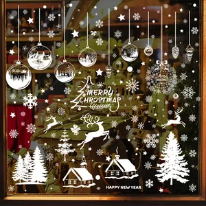 Pegatinas de Ventana de Navidad Blancas Reno Copos de Nieve Casa de Nieve Adherencia Estática Decoración Para Cristales Puertas 9 Hojas