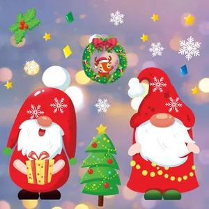 Cute Christmas gnomes and tree static window clings for holiday home decoration