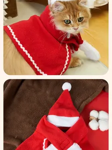 Red fleece Christmas cat costume set including hat and cape for holiday parties.