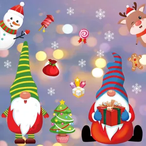 Detailed view of colorful Christmas static window stickers with gnomes and snowflakes.