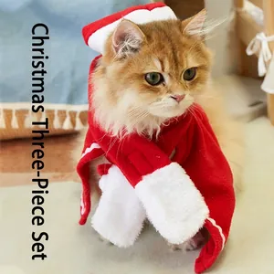 Pet Christmas Costume Set Soft Red Polyester Cat Scarf Cloak Hat Decoration Accessory For Kitten Small Dog Festive Party