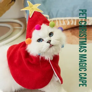 Pet Christmas Magic Cloak Soft Fleece Cat Costume with Gold Star Hood Pompoms Festival Apparel for Kittens and Small Dogs