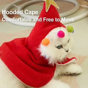 Christmas themed red hooded cape for cats and dogs with colorful pompom details