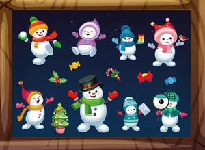 High-quality detailed view of festive cartoon snowman static window sticker set for Christmas