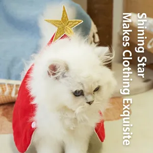 Festive red pet Christmas magic cape with gold star embroidery for cats and dogs